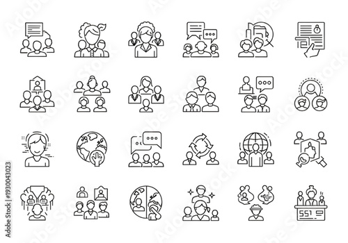 Society line icon set with editable stroke for community design