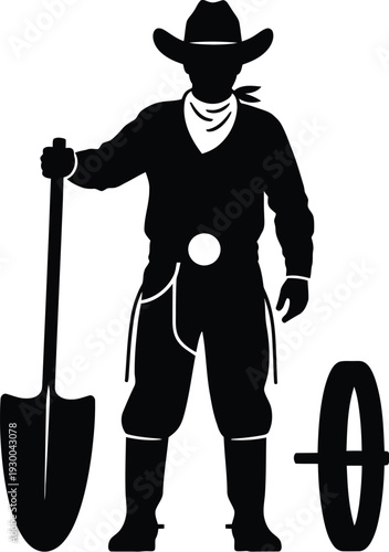 Rancher silhouette holding shovel tool next to wheel for farming and gardening concept art