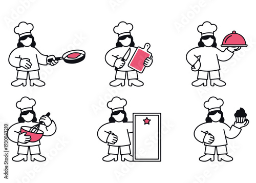 Chef with pan, cutting board, serving dome, whisk, and cupcake