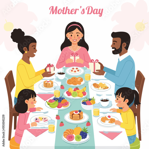 Family celebrating Mother's Day, sitting at a table with gifts and food
