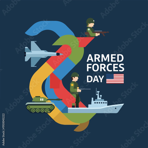 Colorful vector graphic honoring Armed Forces Day, with military elements