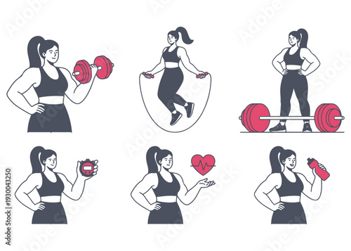 Woman exercising with dumbbell, jump rope, barbell, and heart