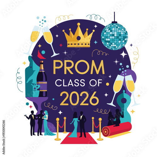 Festive illustrated graphic with prom text, couples, champagne, and disco ball