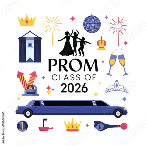 Colorful vector illustration celebrating a high school prom night