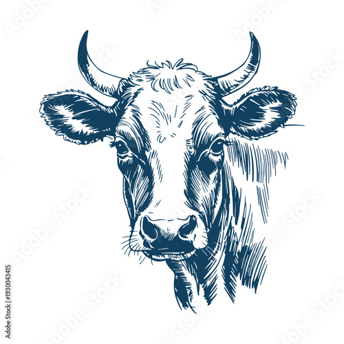 Cow portrait. Realistic animal sketch on white background.