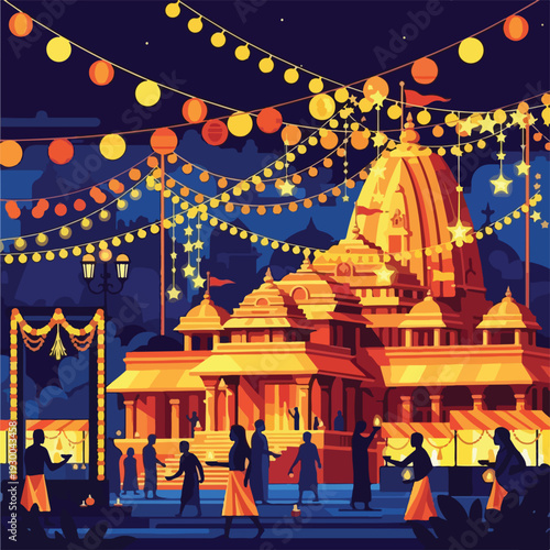 Festive night scene with a temple lit by lamps and garlands, people celebrating