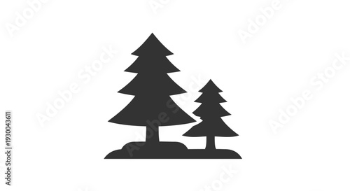 Simple dark silhouette icon depicting two coniferous evergreen trees standing together on a small patch of ground.