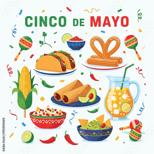Festive illustration celebrates Cinco de Mayo with traditional Mexican food and elements