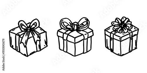 Set of hand drawn present box with ribbons Birthday present clipart Christmas gift Holiday doodle For design, print, web, decor, greeting card, sale