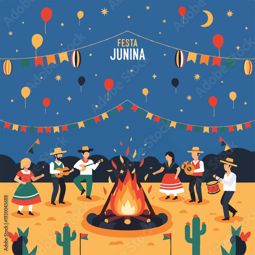 Festive night scene with dancing figures, bonfire, balloons, and musical instruments