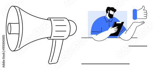 Marketing, customer reviews, feedback, advertising, content creation, communication. A megaphone and professional with a clipboard next to a thumbs-up icon. Marketing and customer feedback theme