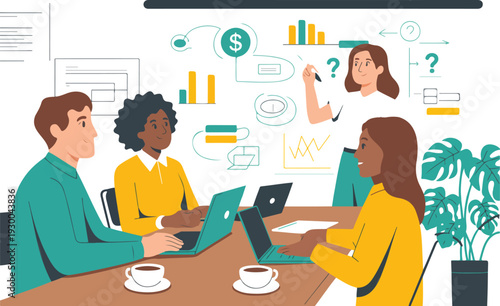 Business Team Meeting Illustration with Diverse Professionals Analyzing Data Charts Strategy Planning and Corporate Presentation