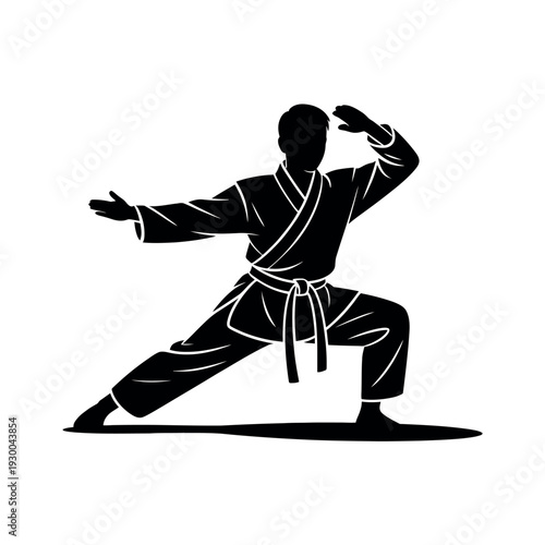 Martial artist silhouette executes a powerful defensive stance wearing a traditional karate.