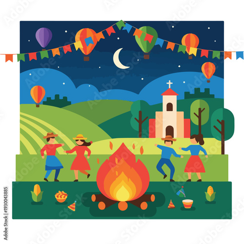 Festive night scene with dancing figures, fire, church, balloons