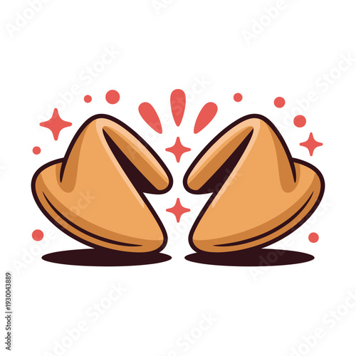 Two crispy fortune cookies crack open revealing wishes and good omens against a white.