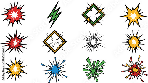 A collection of colorful comic explosion and burst graphic effects on a white background