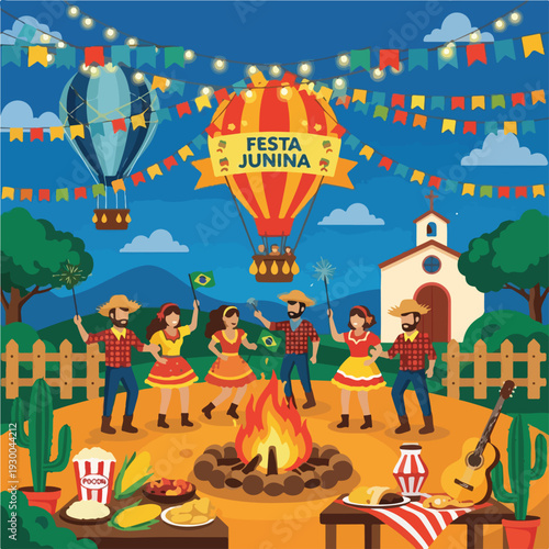 Festive Brazilian celebration featuring people, hot air balloons, and a bonfire