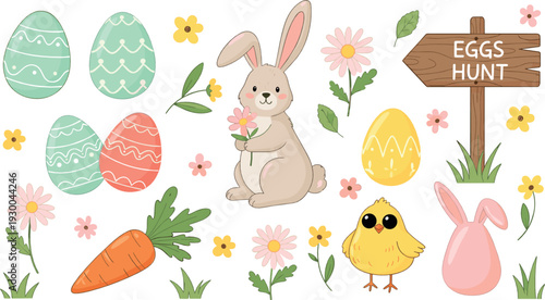 Cute Easter bunny and eggs set – spring egg hunt illustration with chick and carrot