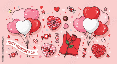 Festive, pink illustration with balloons, candy, gifts, and a rose