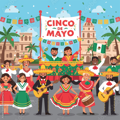 Festive parade scene with musicians and dancers, celebrating a holiday