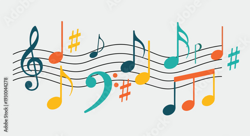 Colorful musical notes and symbols arranged on a staff