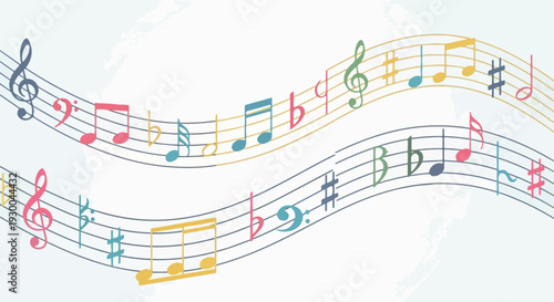 Colorful musical notes and symbols arranged on curving musical staff lines