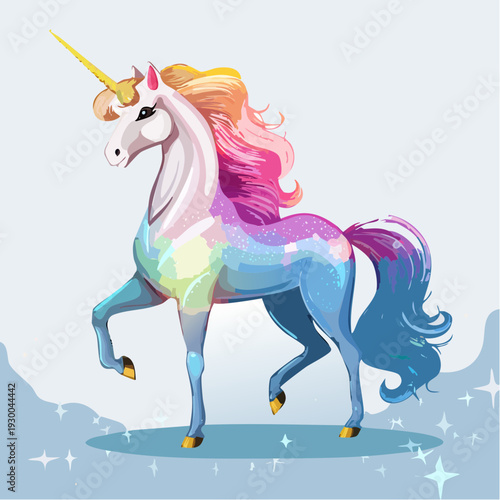 Vibrant cartoon unicorn with rainbow mane and tail.