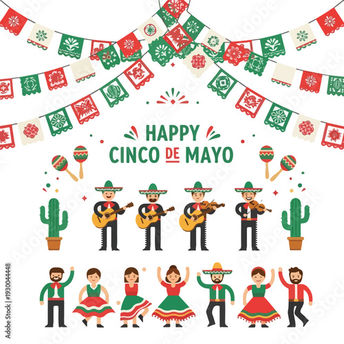 Festive illustration celebrating a cultural event with musicians, dancers, and decor