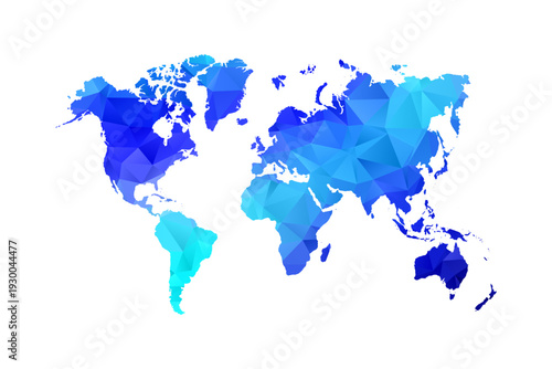 World map - Polygon Style Vector Illustration in Blue Gradient, Low Poly Geometric Design, Isolated on White Background, Perfect for Infographics, Education, and Modern Presentations.