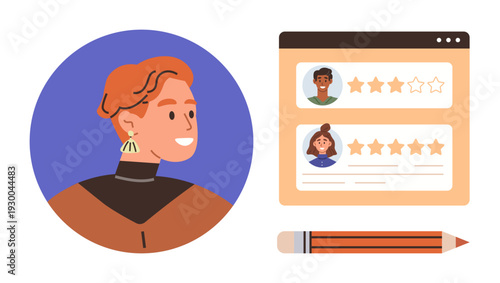 Customer experience, online reviews, digital feedback, rating systems, user interaction, brand evaluation. Profile with a review interface and a pencil. Customer experience and online reviews