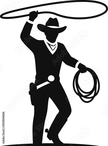 Traditional western cowboy silhouette holding lasso rope and gun