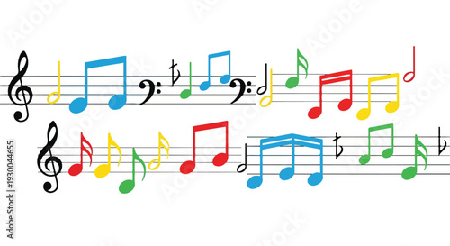 Colorful musical notes and symbols arranged on staff lines (2)