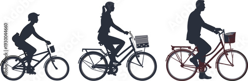 Cyclist silhouettes set showing man, woman and child riding bicycles, urban commuting and healthy lifestyle concept, eco friendly transportation illustration isolated on white background