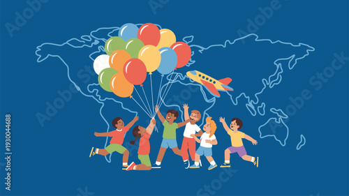 Children Balloons Airplane, Global Travel Kids, World Map
