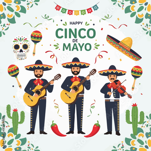 Festive Cinco de Mayo illustration features musicians, skull, and sombreros