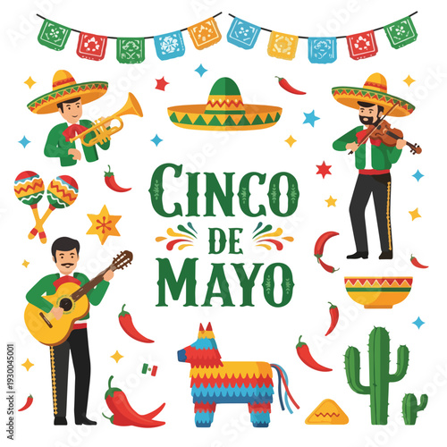 Festive illustration celebrating a Mexican holiday with mariachi and a piñata