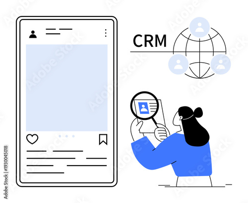 CRM concept. CRM through social media interfaces, user analysis, and networking. CRM improves customer management, digital marketing, and communication. For business, analytics connectivity