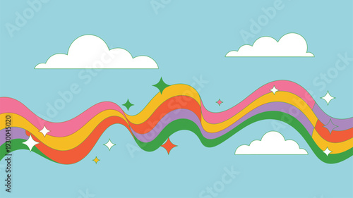 Colorful Wavy Rainbow, Clouds Stars