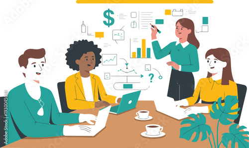 Business Team Meeting Illustration with Diverse Professionals Analyzing Data Charts Strategy Planning and Corporate Presentation