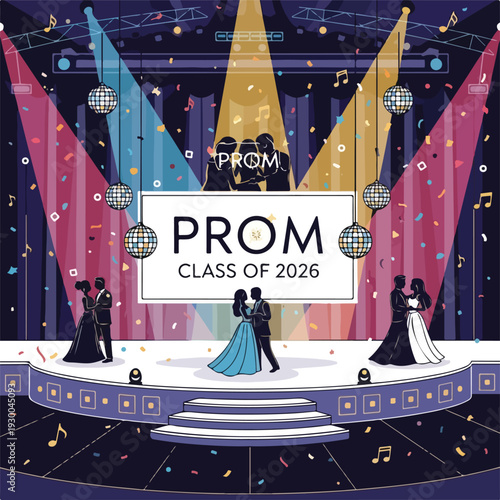 Colorful illustration of a prom stage with couples dancing and confetti falling