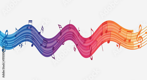 Colorful musical notes on a staff in a wavy pattern, on white background