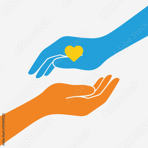Colorful illustrated hands reaching out, with a yellow heart between them