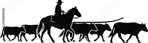 Silhouette of a cowboy on horseback herding cattle, western ranch scene with livestock