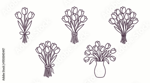 Tulips bouquets in vase line art. Spring Vector Packs. EPS Editable