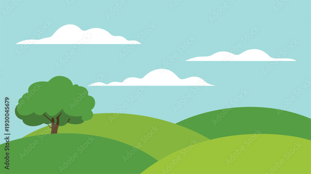Fototapeta premium Green hills, single tree, blue sky, landscape