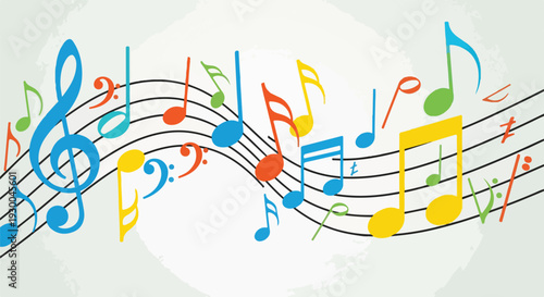 Colorful musical notes and symbols float on a musical staff