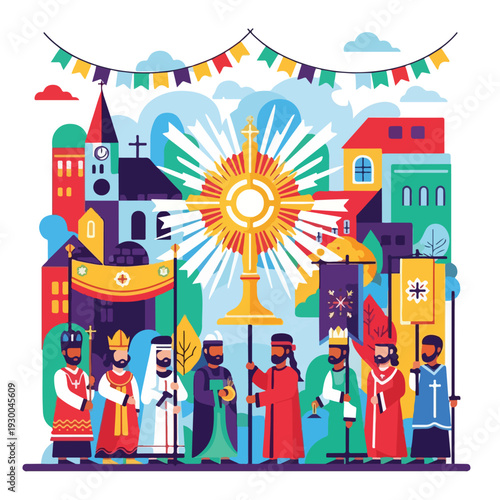 Colorful illustration of a religious procession in a vibrant cityscape
