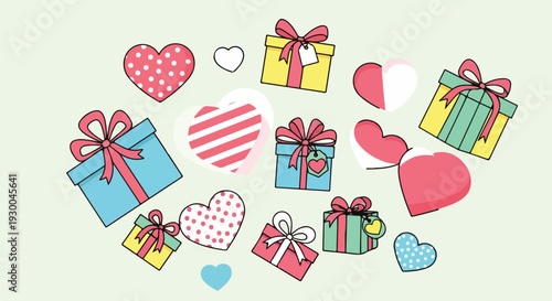 Colorful illustrated image featuring hearts, gifts, and bows