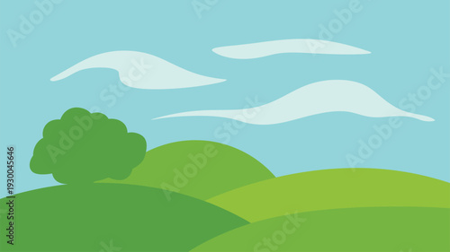 Green hills, lone tree, blue sky