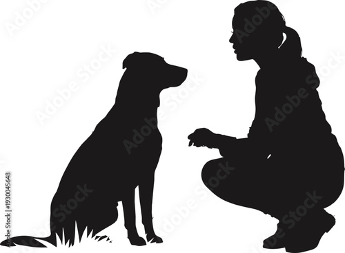 Silhouette of Woman Training Dog, Obedient Pet Sitting During Outdoor Command Session, Human and Animal Bond, Positive Reinforcement Concept Isolated on White Background
